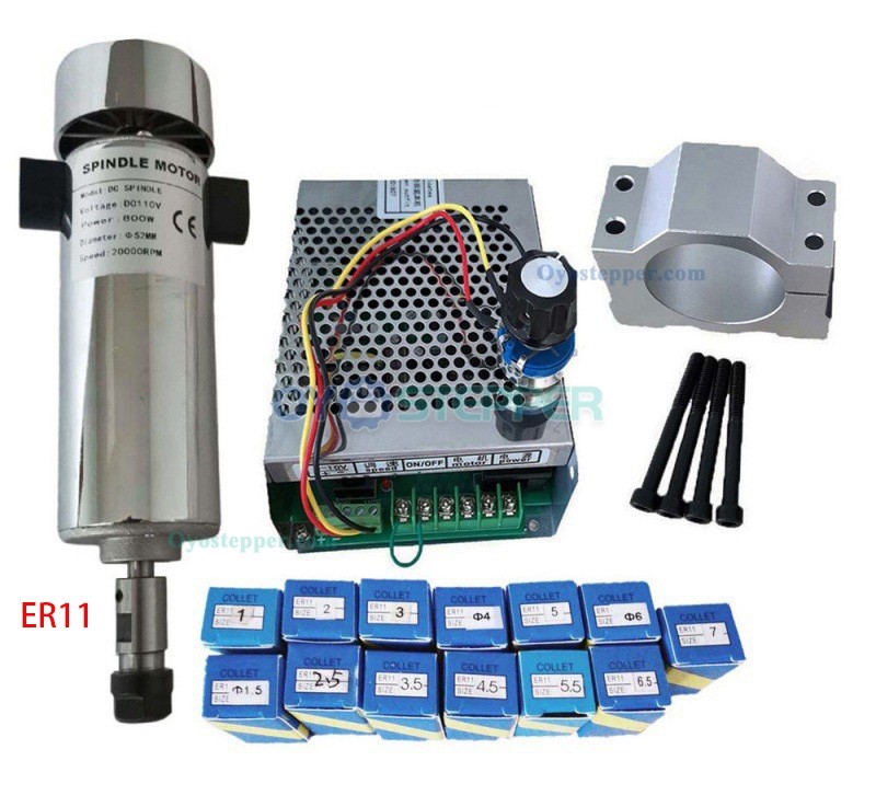 800W 0.79Nm 52mm CNC Spindle Motor Air Cooled Kit with Power Supply & 13Pcs ER11 / 10Pcs ER16 Collets